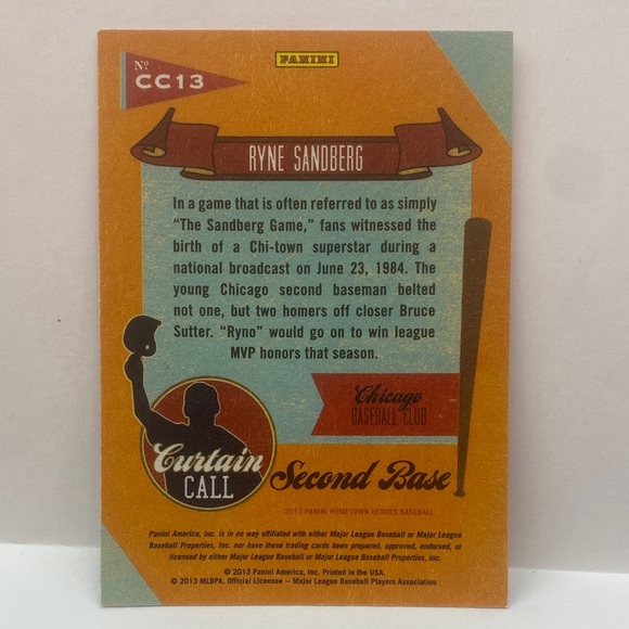 2013 Panini Hometown Heroes Ryne Sandberg Curtain Call #CC13 IP Auto (062) - Picture 3 of 3